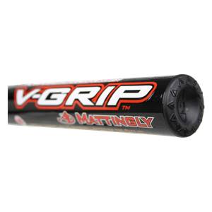Close-up of a black baseball bat with red and white V-GRIP text and MATTINGLY logo.