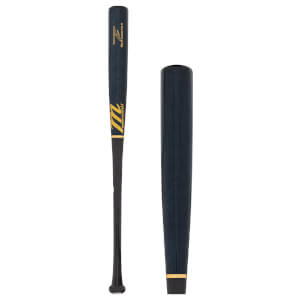 Side-by-side view of a navy baseball bat with gold Marucci logo and text.