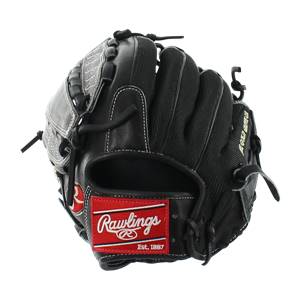 Front view of a black baseball glove with white stitching and a red Rawlings logo.