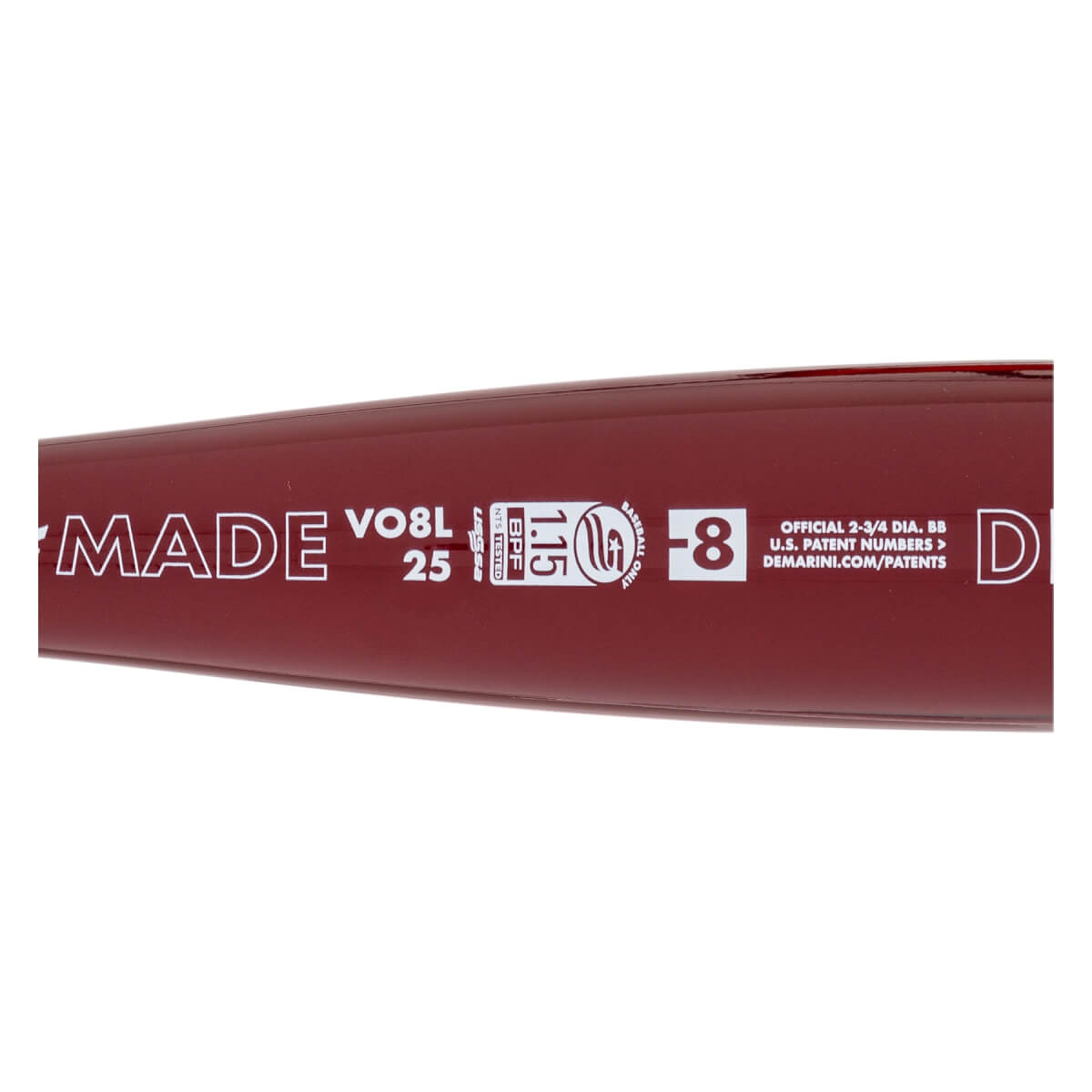 Side view of a maroon baseball bat with MADE, VO8L, 25, -8, and DEMARINI.COM/PATENTS text.