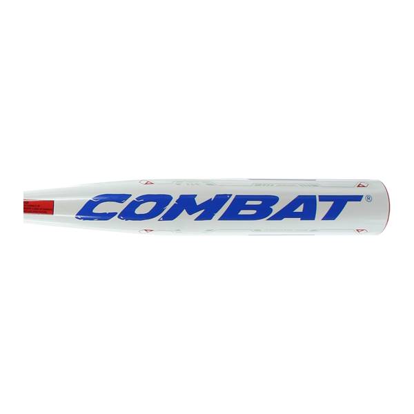 Side view of a white baseball bat with blue COMBAT lettering and red accents.