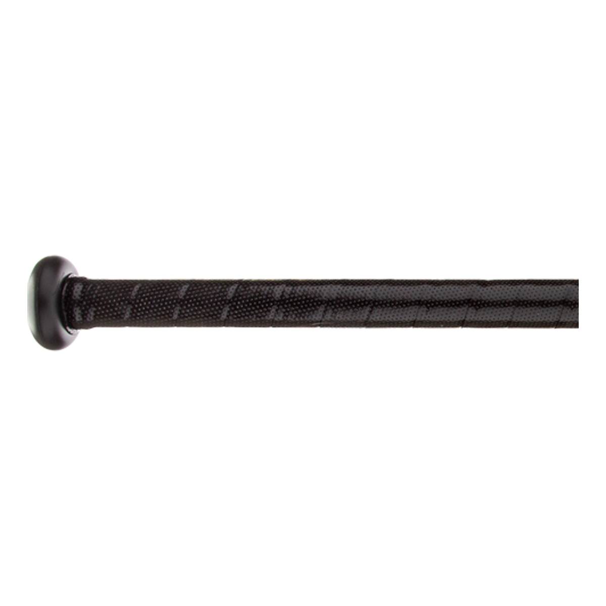 Side view of a black baseball bat with a textured grip and black end cap.