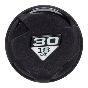Close-up top-down view of a black textured bat end cap featuring an angular design and a central triangular badge with the numbers 30 and 18 OZ.