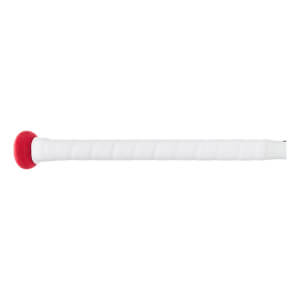 Side view of a white softball bat with a red knob and white grip tape.