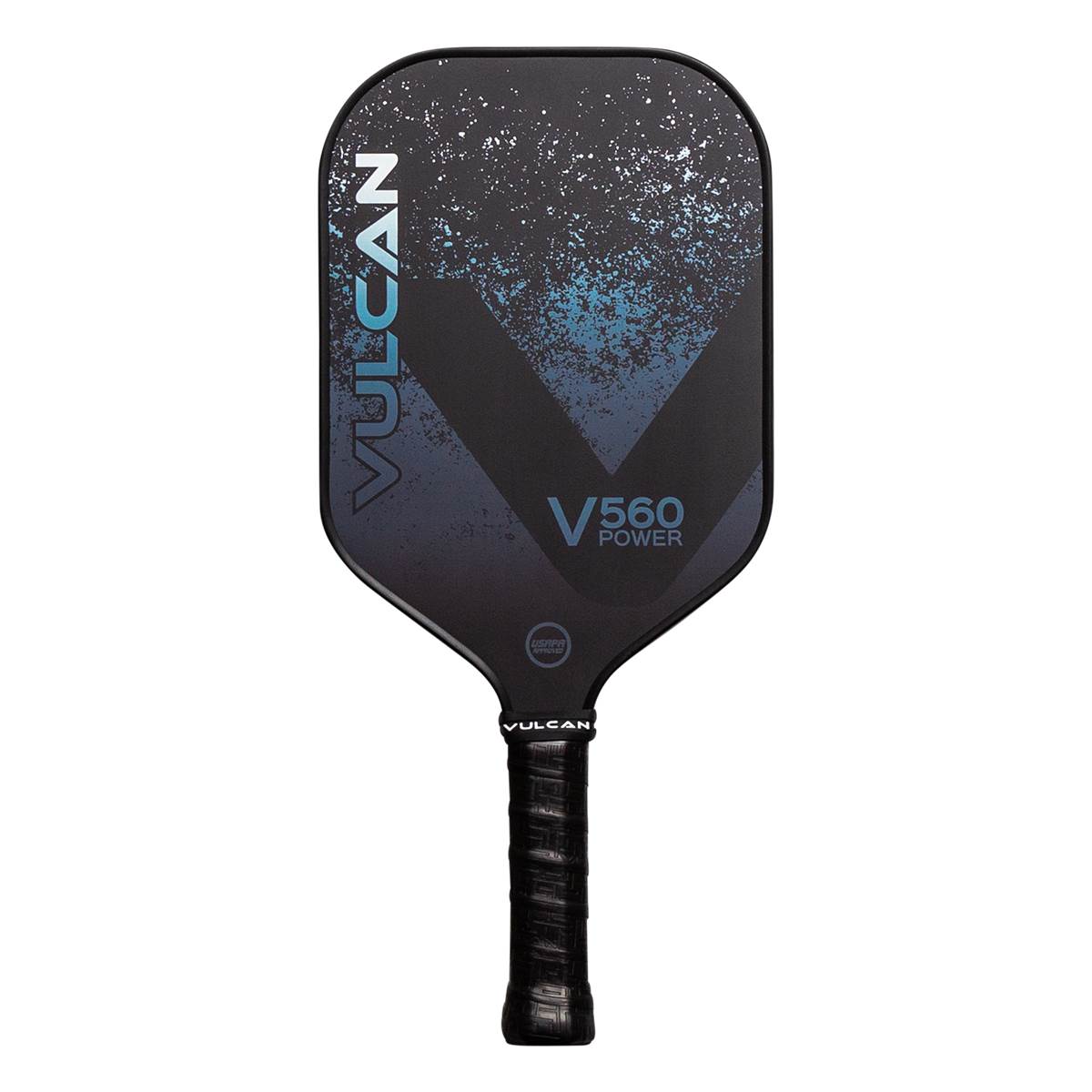 Front view of a black pickleball paddle with VULCAN branding, V560 POWER text, and a speckled blue design.