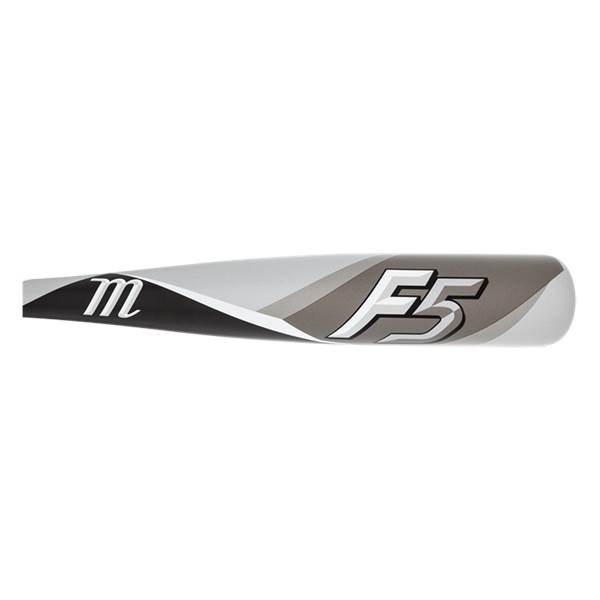 Side view of a silver and gray baseball bat with a black m logo and white F5 text.