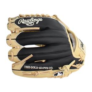 Front view of a black and tan baseball glove with Rawlings logo and THE GOLD GLOVE CO. text.