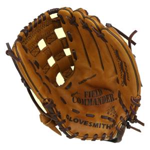 Front view of a brown baseball glove with FIELD COMMANDER and GLOVESMITHTM branding.