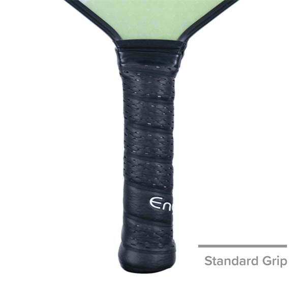 Close-up of a black pickleball paddle grip with En logo and textured pattern.