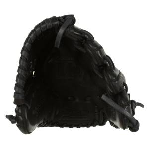 Interior view of a black baseball glove with M logo and lacing details.