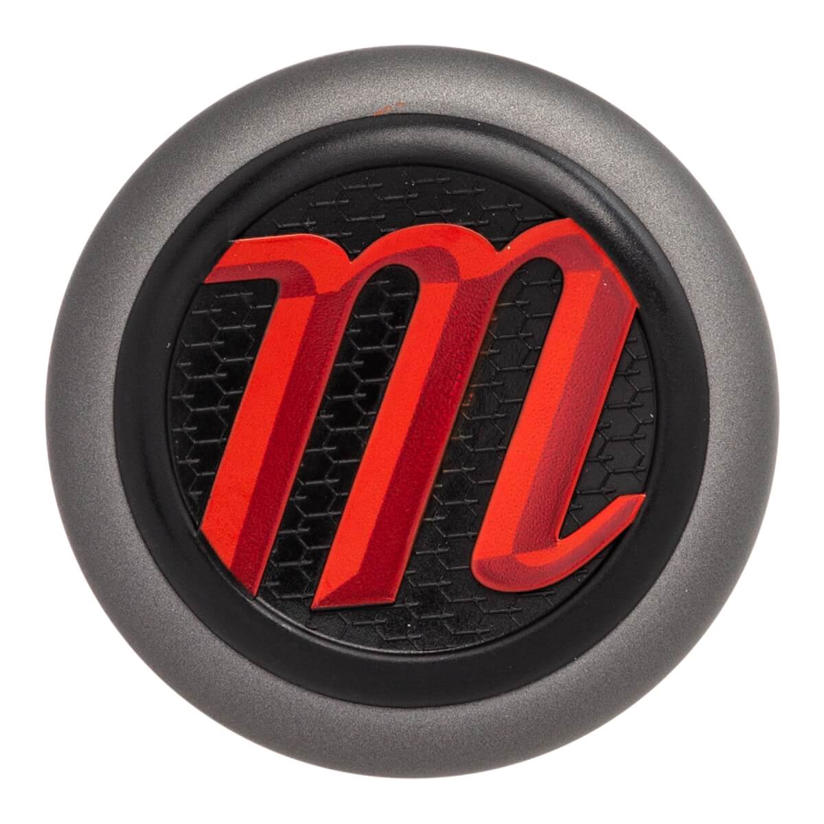 Top-down view of a gray baseball bat end cap with a red m logo on a black textured background.