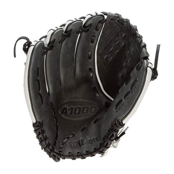 Front view of a black Wilson A1000 glove with white trim and A1000 logo.