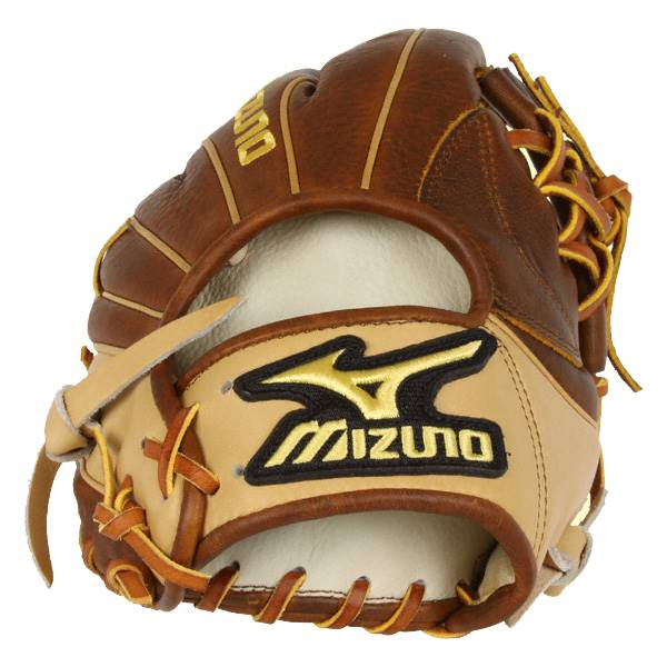 Front view of a brown and tan Mizuno glove with a gold logo and Mizuno text.