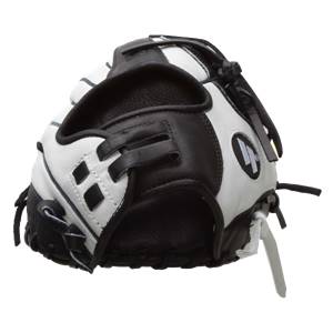 Front view of a black and white softball glove with a logo and lacing.