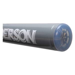 Side view of a gray softball bat with white ANDERSON lettering and a blue end cap.