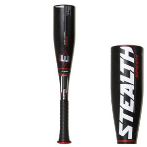 Front view of a black Easton Stealth Speed baseball bat with red accents and a black grip.