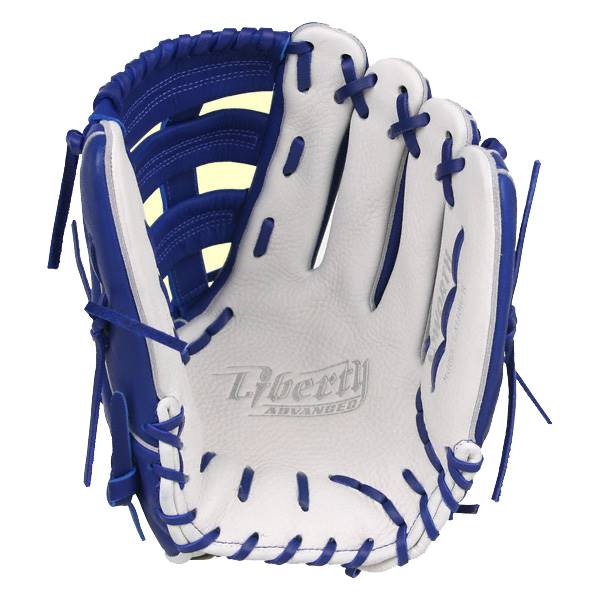 Front view of a royal blue and white baseball glove with Liberty ADVANCED embossed on the palm.