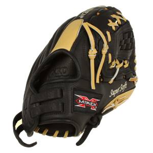 Side view of a black Miken Super Soft Series fastpitch glove with gold accents and Miken logo.
