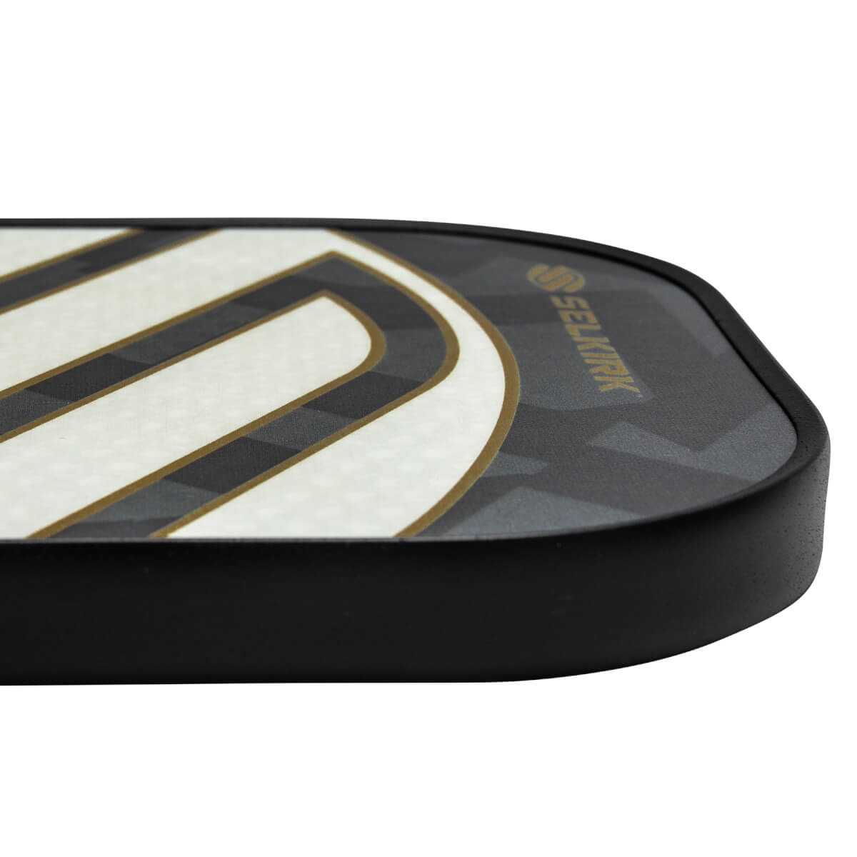 Corner view of a black pickleball paddle with white and gold stripes and Selkirk branding.