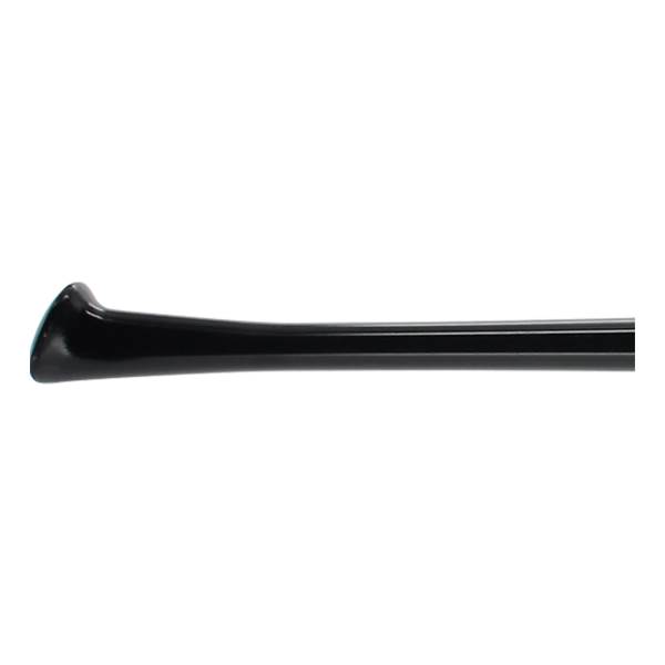 Side view of a black baseball bat with a flared knob and smooth barrel.
