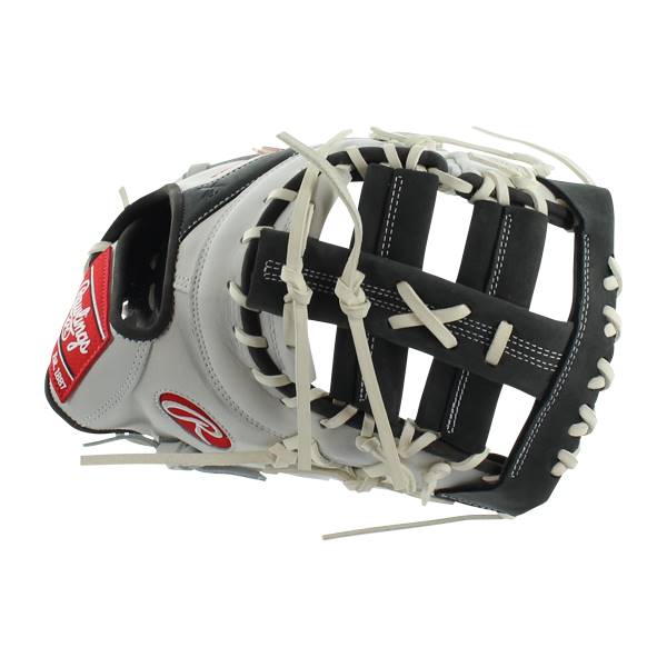 Side view of a white and black first base mitt with red Rawlings branding and white lacing.