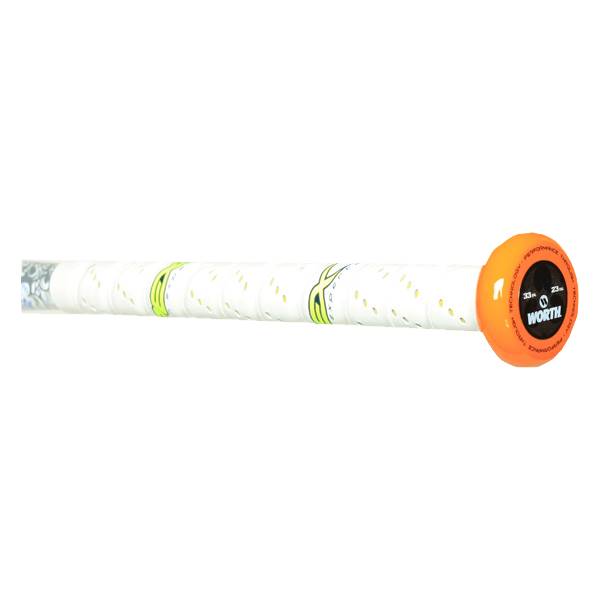 End view of an orange softball bat with a black cap, showing WORTH logo and size details.