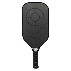 Front view of a black pickleball paddle with a target design, PURSUIT LX 6.0, and ENGAGE text.