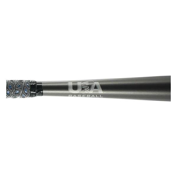 Side view of a gray baseball bat with a blue and black grip and USA BASEBALL text.