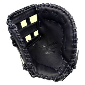 Top-down view of a black Mizuno Pro first base mitt with Mizuno Pro and Limited Edition embossed on the palm.