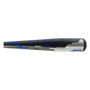 Side view of a black baseball bat with blue and silver accents and VELO text.