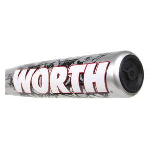 Side view of a silver tee ball bat with WORTH in white lettering and a black end cap.
