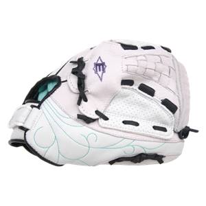 Side view of a white youth softball glove with teal scrollwork and a purple logo.