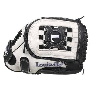 Side view of a white and black Louisville Slugger glove with a checkered pattern and an L logo.