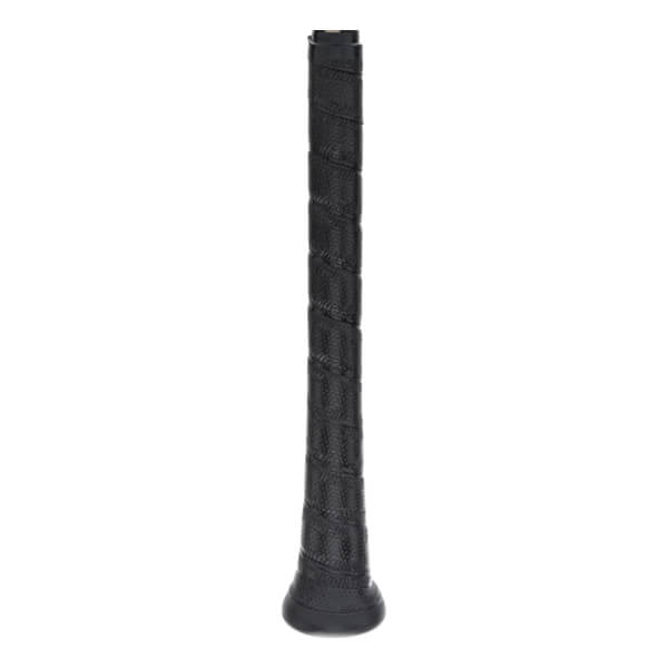 Side view of a black baseball bat grip with a textured spiral pattern.