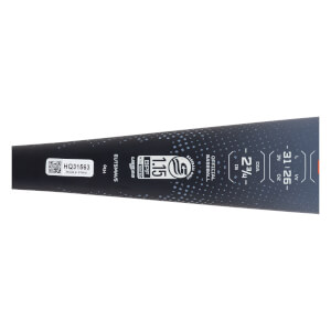 Close-up side view of a black baseball bat with white USSSA 1.15 BPF certification, length/weight specs, and a QR code.