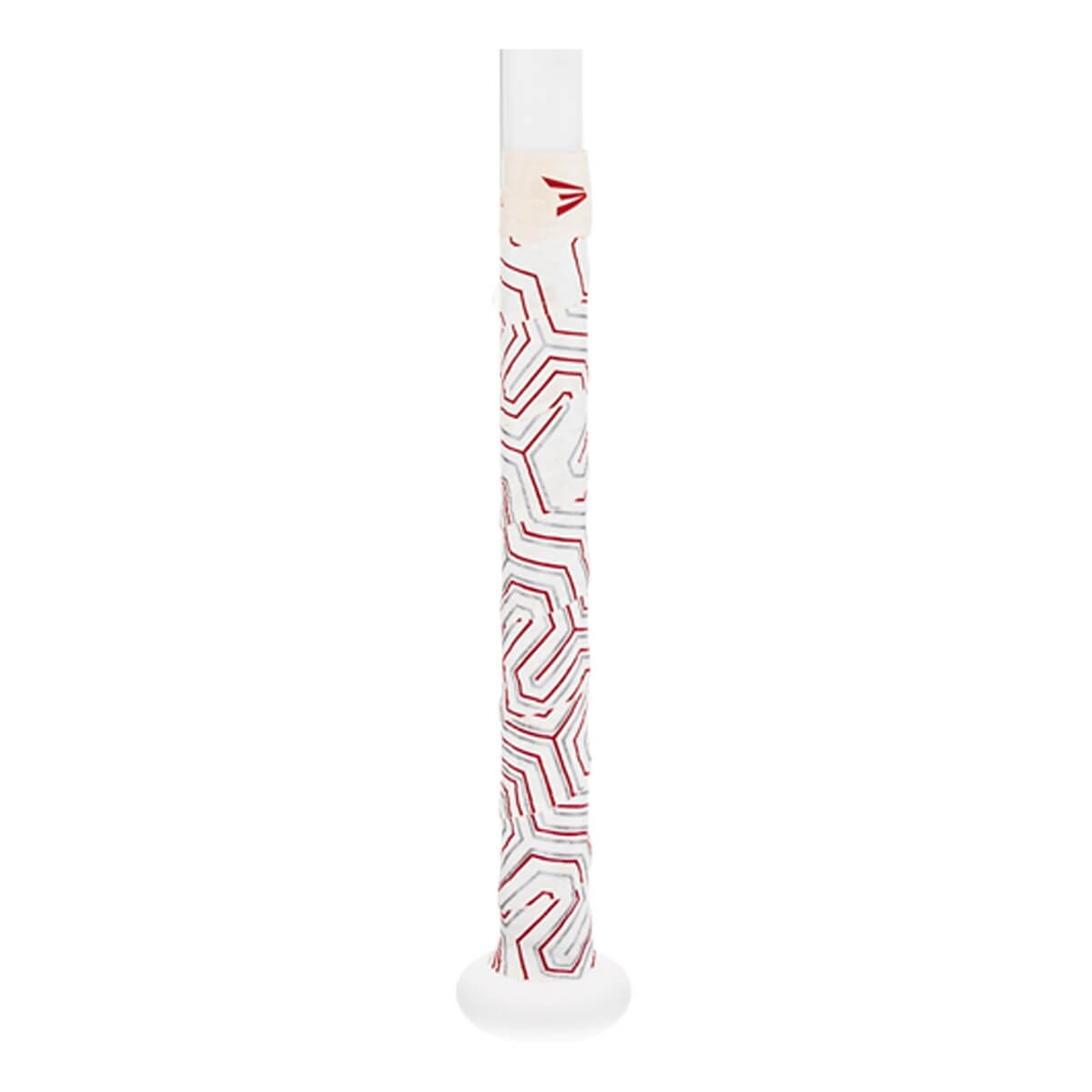 Close-up of a white baseball bat grip with red and gray geometric patterns and an Easton logo.