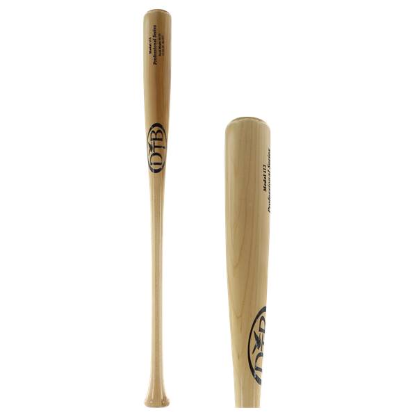 Side view of a light wood baseball bat with black DTB logo and text.