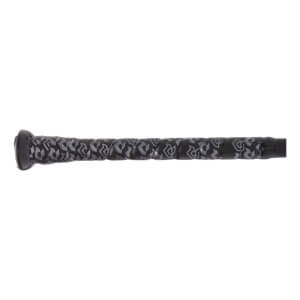 Side view of a black baseball bat with a patterned grip and black end cap.