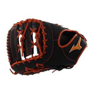Side view of a black and orange baseball glove with orange lacing and a Mizuno logo.