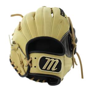 Front view of a tan baseball glove with a black m logo and tan lacing.