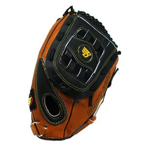 Side view of a brown and black baseball glove with yellow stitching and a yellow BB logo.