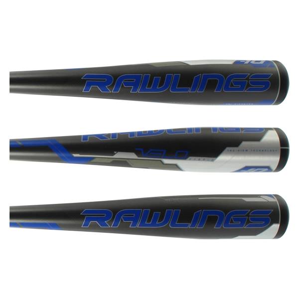 Side view of black Rawlings VELO baseball bats with blue lettering and silver accents.