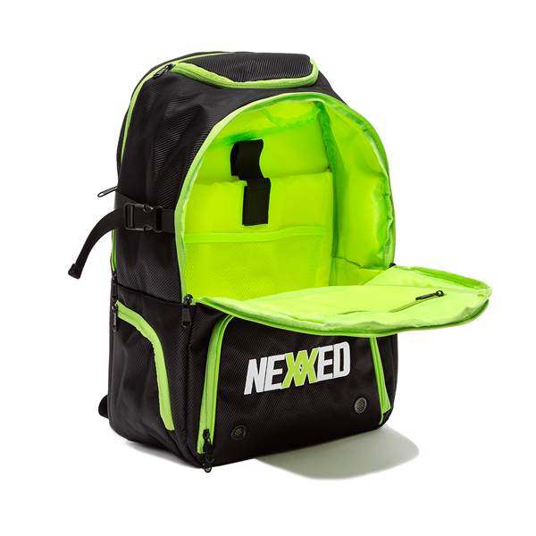 Front view of a black backpack with neon green lining and NEXXED logo.