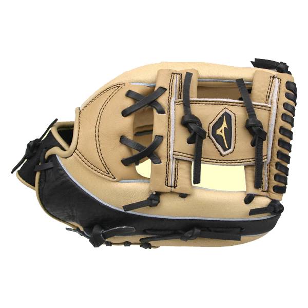 Side view of a tan and black baseball glove with black lacing and a Mizuno logo.