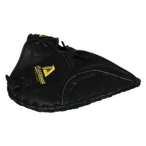 Top-down view of a black baseball glove with a yellow Akadema logo and white stitching.