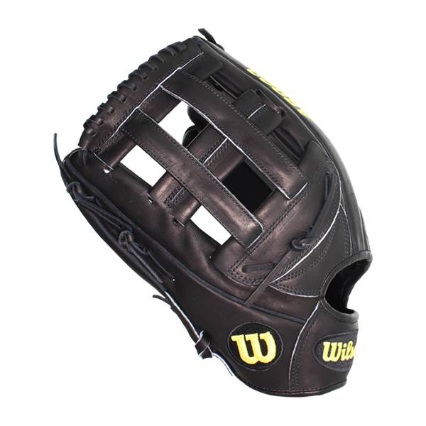 Top-down view of a black baseball glove with a woven web and yellow Wilson branding.
