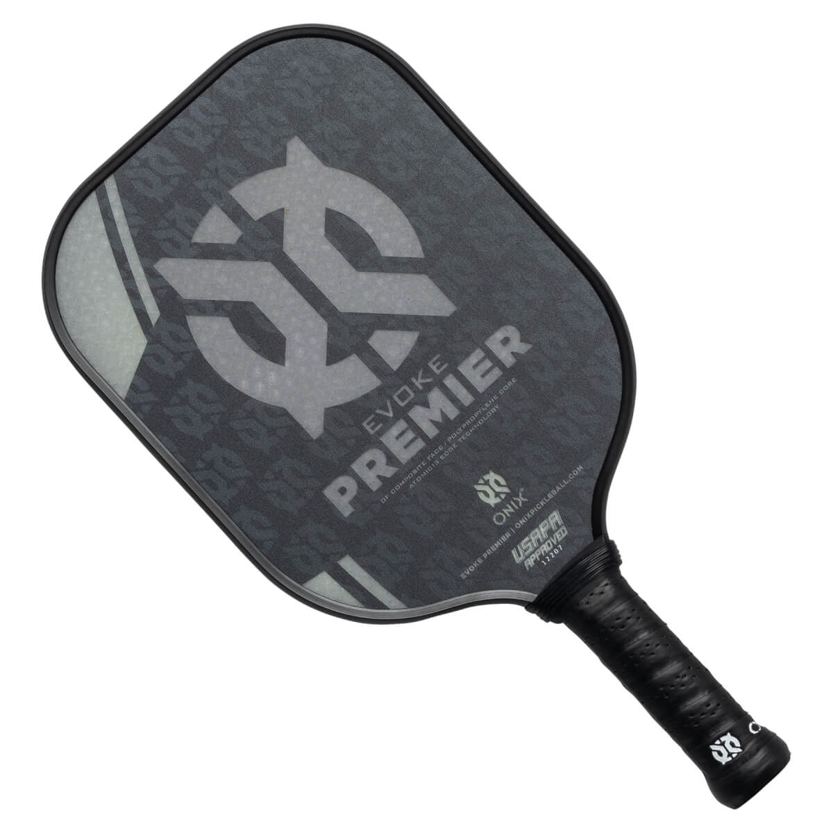 Top-down view of a black pickleball paddle with EVOKE PREMIER text and USAPA approved stamp.