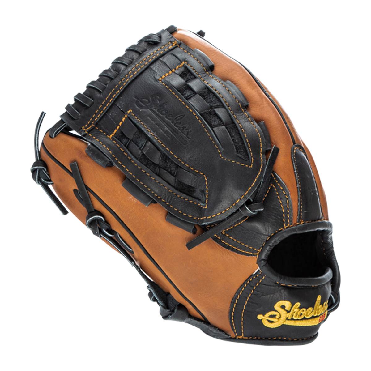 Side view of a brown and black baseball glove with woven webbing and Shoeless branding.