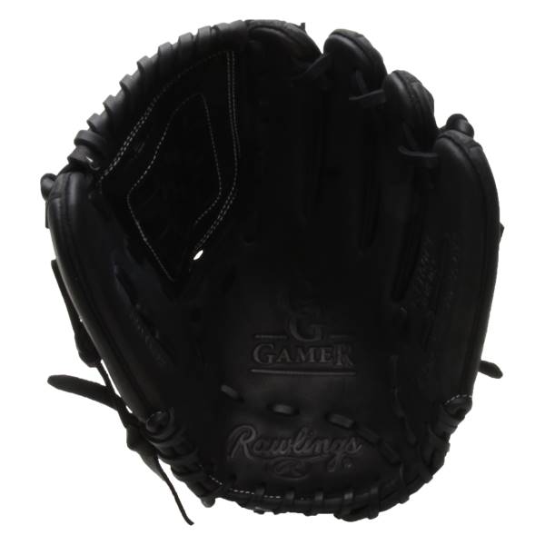Top-down view of a black baseball glove with GAMER and Rawlings branding.