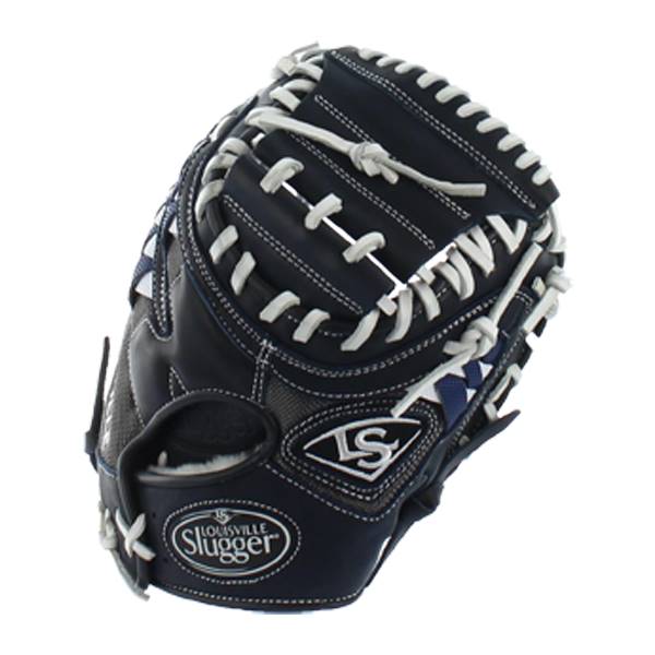 Top-down view of a navy baseball glove with white stitching and Louisville Slugger logo.